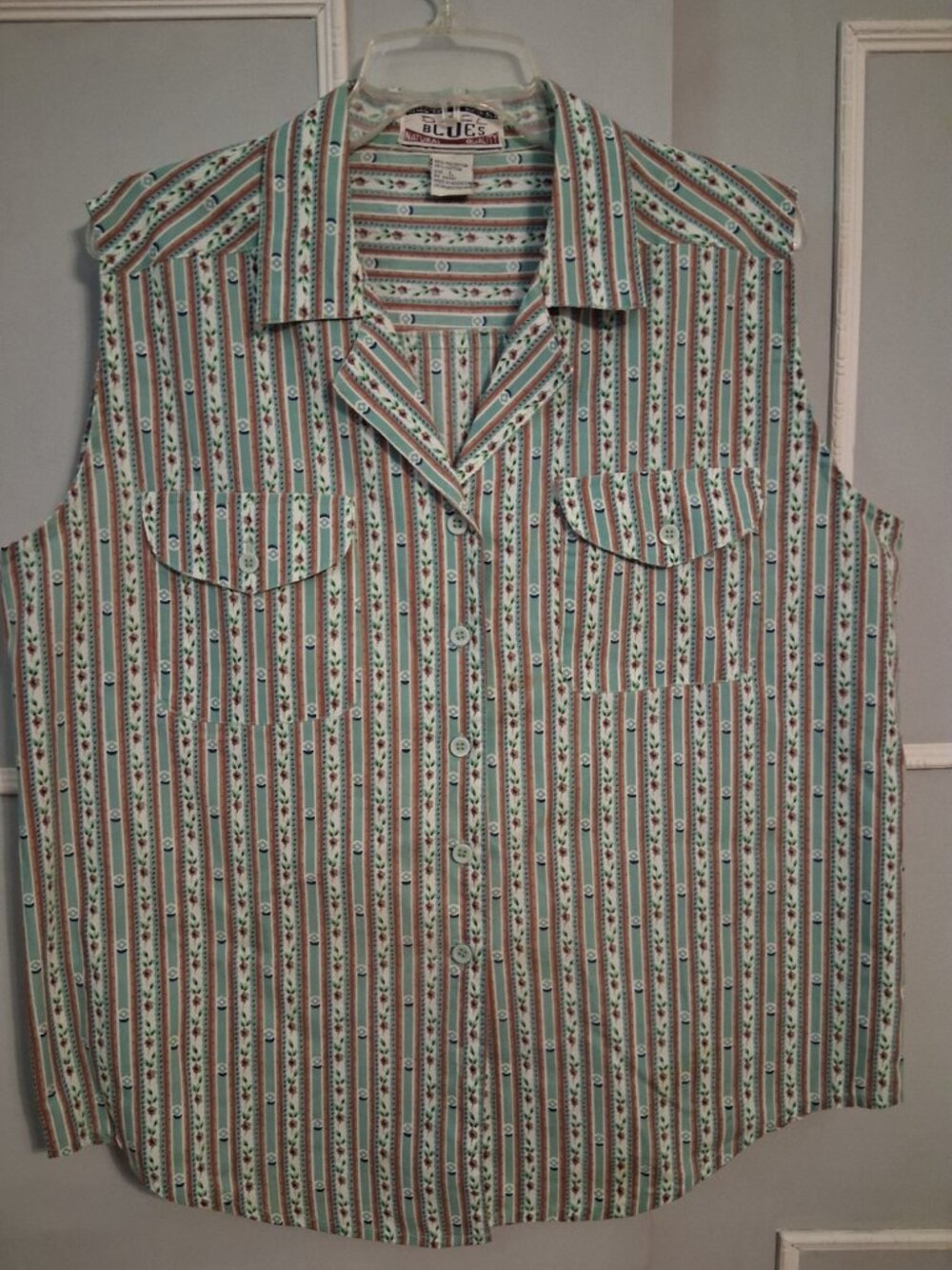 Vtg Sleeveless Button Up Shirt Blouse 90s Casual Cottagecore Stripe Floral L